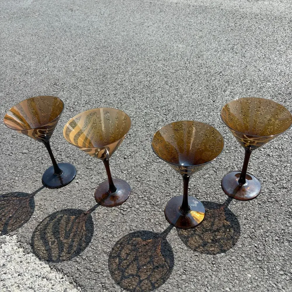 1990’s Blown Glass Brown Tortoise and Zebra Matte Vintage Martini Glasses